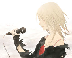 Rule 34 | 1girl, bad id, bad pixiv id, blonde hair, cable, closed eyes, collarbone, cuts, english text, holding, holding microphone, injury, microphone, original, parted lips, scratches, signature, simple background, solo, spaghetti strap, tank top, text focus, teyuruun, torn clothes, upper body