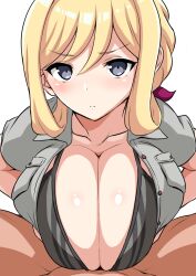 Rule 34 | 1boy, 1girl, alice gear aegis, bikini, bikini under clothes, black bikini, black eyes, blonde hair, blush, breast pocket, breasts, breasts squeezed together, cleavage, clothed female nude male, collarbone, hetero, highres, large breasts, long hair, looking at viewer, nude, open clothes, open shirt, paizuri, paizuri under clothes, pocket, pout, pov, rita henschel, short sleeves, solo focus, spread legs, swimsuit, tawashi1623, unbuttoned, unbuttoned shirt, v-shaped eyebrows