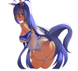 Rule 34 | 1girl, :/, absurdres, animal ears, ass, bad id, bad pixiv id, blue hair, blush, breasts, brown eyes, closed mouth, clothes pull, cropped legs, dress, dress pull, from side, hair between eyes, highres, hishi amazon (umamusume), horse ears, horse girl, horse tail, large breasts, leaning forward, long hair, long sleeves, looking at viewer, off shoulder, ohihil, panties, panty pull, sailor dress, simple background, solo, tail, tan, umamusume, underwear, v-shaped eyebrows, very long hair, white background, white dress, white panties