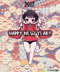 Rule 34 | 2017, black hair, cat, furry, happy new year, japanese clothes, omunikin, open mouth, red eyes, setsu (omunikin), short hair