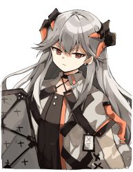 Rule 34 | 1girl, arknights, black shirt, coat, commentary, dragon horns, ear piercing, freenote mr, grey hair, highres, holding, holding shield, horns, long hair, looking at viewer, orange eyes, piercing, saria (arknights), shield, shirt, simple background, solo, standing, upper body, v-shaped eyebrows, white background, white coat