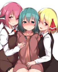 Rule 34 | 3girls, animal ears, blonde hair, blush, grabbing another&#039;s breast, breasts, bulge, closed mouth, commentary request, erection, erection under clothes, girl sandwich, grabbing, green eyes, green hair, hair ribbon, kasodani kyouko, long sleeves, looking at viewer, medium breasts, multiple girls, mystia lorelei, open mouth, pink eyes, pink hair, red ribbon, ribbon, rumia, sandwiched, short hair, simple background, smile, terazip, touhou, white background