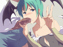 Rule 34 | 1girl, aged down, akira (coffee curry), alternate color, alternate hairstyle, bare shoulders, bat wings, blue eyes, capcom, censored, clothes pull, cum, cum in mouth, dark penis, demon girl, ejaculation, facial, fellatio, flat chest, green hair, head wings, leotard, lilith aensland, morrigan aensland, mosaic censoring, oral, penis, short hair, shorts, shorts pull, simple background, solo focus, v, vampire (game), veins, veiny penis, wings