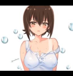 Rule 34 | 10s, 1girl, artist name, blurry, breasts, brown eyes, brown hair, casual, cleavage, cursive, depth of field, girls und panzer, hair between eyes, letterboxed, looking at viewer, medium breasts, nishizumi maho, parted lips, portrait, saikawa yusa, shirt, short hair, signature, solo, standing, strap slip, sweat, tan, tank top, tanline, unbuttoned, water drop, white background, white shirt