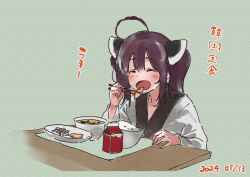 Rule 34 | 1girl, :d, ^ ^, ahoge, blush, bowl, brown hair, chopsticks, closed eyes, commentary request, dated, facing viewer, food, food request, green background, hair between eyes, headgear, holding, holding chopsticks, japanese clothes, kimono, lamb (hitsujiniku), long sleeves, open mouth, plate, rice, rice bowl, smile, solo, table, touhoku kiritan, translation request, twintails, upper body, voiceroid, white kimono, wide sleeves