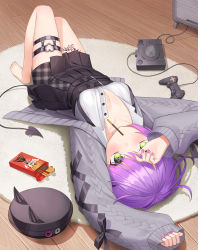 Rule 34 | 1girl, absurdres, barefoot, beomko, black hat, black skirt, breasts, cardigan, carpet, commentary, controller, demon tail, fake horns, food, food in mouth, full body, game console, game controller, green eyes, grey cardigan, hat, high-waist skirt, highres, hololive, horned headwear, horns, knees up, leg tattoo, long sleeves, looking at viewer, lying, medium breasts, nail polish, o-ring, o-ring thigh strap, on back, open cardigan, open clothes, piercing, pleated skirt, pocky, purple hair, purple nails, shirt, skirt, sleeves past wrists, solo, tail, tail ornament, tail piercing, tattoo, thigh strap, tokoyami towa, unworn hat, unworn headwear, virtual youtuber, white shirt, wooden floor