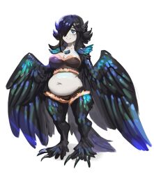 Rule 34 | 1girl, animal ears, bandeau, belly, bird ears, bird legs, bird tail, blue eyes, breasts, centralhanyuu, cleavage, commentary, commission, english commentary, feathered wings, hair over one eye, harpy, highres, large breasts, long hair, long tail, midriff, monster girl, navel, navel piercing, original, piercing, plump, shorts, simple background, smile, solo, tail, talons, white background, winged arms, wings