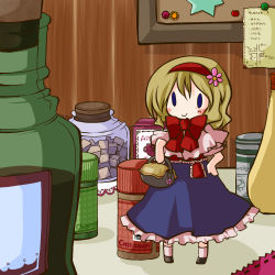 1girl alice_margatroid basket blonde_hair blue_eyes chibi female_focus full_body futami_yayoi hairband indoors mini_person minigirl ribbon solo standing touhou