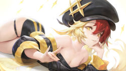 Rule 34 | + +, 1girl, absurdres, agoto, alchemy stars, bare shoulders, black hat, blonde hair, breasts, cleavage, commentary, english commentary, fox shadow puppet, gronru (alchemy stars), hair between eyes, hat, head rest, highres, long hair, looking at viewer, lying, multicolored hair, on stomach, parted lips, red hair, simple background, skindentation, small breasts, solo, symbol-shaped pupils, thigh strap, twintails, very long hair, white background