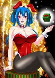 Rule 34 | 1girl, animal ears, bare shoulders, black pantyhose, blue hair, bow, bowtie, box, breasts, christmas, cleavage, detached collar, dizzy (guilty gear), fake animal ears, fishnet pantyhose, fishnets, gift, gift box, guilty gear, guilty gear x, guilty gear xx, hair ribbon, hair rings, hairband, huge breasts, leotard, long hair, mutsu (090811), pantyhose, playboy bunny, rabbit ears, rabbit tail, red eyes, ribbon, sideboob, sitting, solo, tail, wrist cuffs