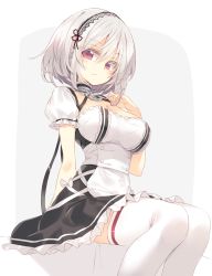 Rule 34 | 1girl, apron, azur lane, black dress, breasts, cleavage, commentary request, detached collar, dress, eyelashes, fingernails, grey background, hair between eyes, hairband, highres, lace-trimmed hairband, lace trim, large breasts, looking at viewer, maid, medium hair, puffy short sleeves, puffy sleeves, red eyes, satou kibi, short hair, short sleeves, sirius (azur lane), sitting, solo, thighhighs, two-tone background, waist apron, white background, white hair, white thighhighs