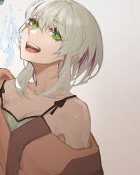 Rule 34 | 1girl, breasts, brown sweater, camisole, cleavage, collarbone, commentary, deka yo, english commentary, green camisole, green eyes, grey background, grey hair, head tilt, highres, medium hair, miyu ottavia, miyu ottavia (1st costume), nijisanji, nijisanji id, off shoulder, open mouth, polka dot camisole, small breasts, smile, solo, sweater, virtual youtuber, water
