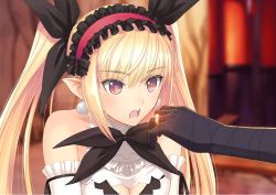 Rule 34 | 10s, 1girl, bandages, bare shoulders, black bow, blade arcus from shining, blonde hair, blurry, blurry background, bow, breasts, cleavage, diamond (gemstone), dress, earrings, elbow gloves, eyebrows, eyes visible through hair, frilled dress, frilled sleeves, frills, fringe trim, gem, gloves, glowing, hair between eyes, hair bow, hairband, highres, indoors, jewelry, long hair, looking at hand, medium breasts, mistral nereis, open mouth, outstretched arm, outstretched hand, pearl (gemstone), pearl earrings, pointy ears, purple eyes, red hairband, ribbon, ring, shining (series), shining hearts, solo focus, staring, surprised, teeth, tongue, tony taka, twintails, upper body