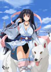 Rule 34 | 1girl, animal, black hair, boots, breasts, cleavage, day, foreshortening, gloves, japanese clothes, jewelry, kimono, large breasts, necklace, nyanko batake, red eyes, ribbon, snow, thigh boots, thighhighs, wind, wind lift, wolf
