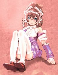 Rule 34 | 1girl, blue eyes, bow (bhp), brown hair, detached sleeves, dress, hairband, legs, lips, original, ponytail, sitting, solo, thighhighs, white thighhighs