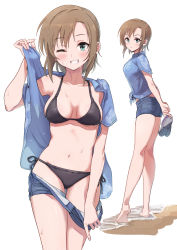 Rule 34 | 1girl, absurdres, bikini, black bikini, blouse, blue shirt, blush, breasts, brown hair, cleavage, clothes pull, flip-flops, full body, green eyes, hair between eyes, highres, holding, holding shoes, idolmaster, idolmaster cinderella girls, looking at viewer, one eye closed, open clothes, open shirt, pizzasi, sandals, unworn sandals, shirt, shoes, unworn shoes, short hair, short shorts, shorts, shorts pull, side-tie bikini bottom, simple background, smile, solo, swimsuit, tada riina, white background