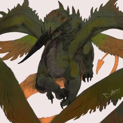 Rule 34 | animal focus, artist name, claws, dragon, feathered wings, final fantasy, final fantasy xiv, full body, highres, hisaki yatori, looking at viewer, monster, multiple wings, no humans, red eyes, scales, sharp teeth, signature, simple background, solo, tail, teeth, tusks, vrtra, white background, wings