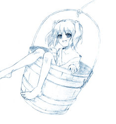 Rule 34 | 1girl, barefoot, blue theme, bucket, feet, female focus, in bucket, in container, juuka@100neko, kisume, monochrome, solo, touhou