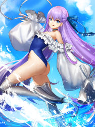Rule 34 | 1girl, armor, ass, bare shoulders, blue eyes, blue ribbon, blue sky, blush, breasts, choker, closed mouth, collarbone, fate/grand order, fate (series), frills, greaves, hair ribbon, highleg, highleg swimsuit, highres, long hair, long sleeves, looking at viewer, meltryllis, meltryllis (fate), meltryllis (swimsuit lancer) (fate), meltryllis (swimsuit lancer) (second ascension) (fate), nima (niru54), off-shoulder one-piece swimsuit, off shoulder, one-piece swimsuit, prosthesis, prosthetic leg, puffy sleeves, purple hair, ribbon, sky, sleeves past fingers, sleeves past wrists, small breasts, smile, swimsuit, thighs, tongue, tongue out, very long hair, water, white ribbon