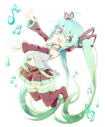 Rule 34 | 1girl, aqua eyes, aqua hair, ayakashi (monkeypanch), bare shoulders, beamed quavers, boots, detached sleeves, hatsune miku, headset, highres, long hair, looking at viewer, musical note, necktie, open mouth, quaver, skirt, smile, solo, thigh boots, thighhighs, treble clef, twintails, very long hair, vocaloid