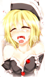 Rule 34 | 1girl, ahegao, bare shoulders, blonde hair, blush, cum, cum in mouth, cum on tongue, facial, happy sex, hat, hetero, highres, kazetto, lunasa prismriver, off shoulder, open mouth, solo, tears, touhou, trembling, upper body