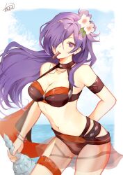 Rule 34 | 1girl, arm behind back, atoatto, bikini, black bikini, breasts, cleavage, commentary, fire emblem, fire emblem: three houses, fire emblem heroes, fire emblem warriors: three hopes, floating hair, flower, hair bun, hair flower, hair ornament, hair over one eye, holding, long hair, looking at viewer, medium breasts, mouth hold, navel, nintendo, official alternate costume, one eye covered, pink flower, purple eyes, purple hair, see-through, shez (female) (fire emblem), shez (female) (summer) (fire emblem), shez (fire emblem), signature, single hair bun, solo, stomach, swimsuit, whistle, whistle around neck