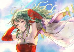 Rule 34 | 1girl, armpits, arms behind head, bare shoulders, bead bracelet, beads, bracelet, breasts, bridal gauntlets, cape, cleavage, cloud, cloudy sky, detached sleeves, dress, earrings, final fantasy, final fantasy vi, green hair, hair ribbon, hair undone, highres, holding, holding ribbon, jewelry, komugiko no mori, long hair, looking at viewer, medium breasts, outdoors, pink cape, purple eyes, red dress, red sleeves, ribbon, sky, smile, solo, strapless, strapless dress, tina branford, tube dress, upper body