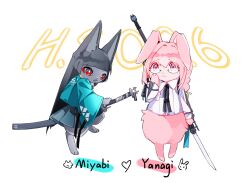 2girls animal animal_ear_fluff black_hair blunt_bangs character_name closed_mouth coloki fox glasses green_jacket highres holding holding_polearm holding_sword holding_weapon hoshimi_miyabi jacket katana looking_at_viewer multiple_girls naginata open_mouth pink_eyes pink_hair polearm rabbit red_eyes sidelocks simple_background smile sword tsukishiro_yanagi weapon white_background zenless_zone_zero