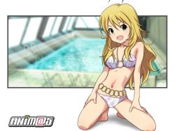 Rule 34 | 1girl, bikini, blonde hair, green eyes, hoshii miki, idolmaster, idolmaster (classic), long hair, outside border, rei no pool, ryunnu, solo, swimsuit