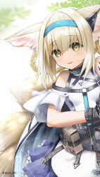 Rule 34 | 1girl, :d, animal ears, arknights, bare shoulders, black gloves, blonde hair, blush, braid, fox ears, fox tail, gloves, hairband, highres, long hair, looking at viewer, material growth, multiple tails, open mouth, oripathy lesion (arknights), pouch, smile, solo, suzuran (arknights), tail, test tube, yellow eyes, yokaze (yokajie)