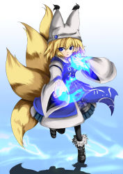 Rule 34 | &gt;:o, 1girl, :o, adapted costume, blonde hair, blue eyes, dress, fox tail, hat, hayate-s, highres, magic, multiple tails, pantyhose, shadow, short hair, tabard, tail, touhou, v-shaped eyebrows, wide sleeves, yakumo ran