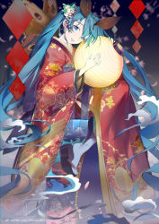 Rule 34 | 1girl, antennae, blue eyes, bug, butterfly, clog sandals, cloud, furisode, hair ornament, hatsune miku, head tilt, highres, insect, japanese clothes, kanzashi, kimono, lantern, long hair, long sleeves, looking at viewer, moth, okobo, paper lantern, parted lips, rosele, sandals, smile, solo, tsumami kanzashi, twintails, very long hair, vocaloid, watermark, web address, wide sleeves