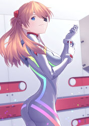 Rule 34 | 1girl, absurdres, ass, blue eyes, bodysuit, breasts, brown hair, closed mouth, evangelion: 3.0+1.0 thrice upon a time, eyepatch, highres, ka ki o, long hair, looking at viewer, looking to the side, medium breasts, neon genesis evangelion, pilot suit, plugsuit, rebuild of evangelion, simple background, smile, solo, souryuu asuka langley, standing, twintails, very long hair, white bodysuit, wide hips