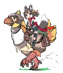 Rule 34 | 1girl, animal ears, bag, bare shoulders, bell, bird, black hair, black thighhighs, chocobo, collar, detached sleeves, eyebrows, fatkewell, flower, fox ears, fox tail, hair flower, hair ornament, japanese clothes, jingle bell, knee pads, leg warmers, neck bell, obi, open mouth, original, purple eyes, reins, riding, saddle, sash, sheath, sheathed, skirt, solo, sword, tail, thighhighs, weapon, white background