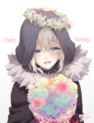 Rule 34 | 1girl, absurdres, blue eyes, blue flower, blush, bouquet, cape, chili-tomato (gekikaraya), commentary, cropped torso, dated, fate (series), flower, fur-trimmed cape, fur trim, gray (fate), grey background, head wreath, highres, holding, holding bouquet, hood, hood up, long sleeves, looking down, lord el-melloi ii case files, open mouth, pink flower, short hair, signature, simple background, solo, tearing up, upper body, white background, yellow flower