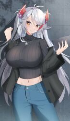 Rule 34 | 1girl, absurdres, alternate costume, antenna hair, azur lane, black jacket, black sweater, blue pants, breasts, commentary, cowboy shot, cross, cross necklace, denim, english commentary, headgear, highres, holding, huge breasts, j yak47, jacket, jeans, jewelry, long hair, long sleeves, looking at viewer, midriff, multicolored hair, necklace, open clothes, open jacket, pants, prinz eugen (azur lane), red hair, solo, streaked hair, sweater, two-tone hair, very long hair, white hair, yellow eyes