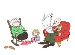Rule 34 | 1boy, 2girls, bald, bandaid, beige shirt, blonde hair, chair, cosplay, couch, courage (character), courage the cowardly dog, cup, dog, drill hair, drinking, eustace bagge, glasses, green jacket, green neckwear, idolmaster, idolmaster cinderella girls, idolmaster cinderella girls starlight stage, jacket, multiple girls, muriel bagge, newspaper, reading, rocking chair, rolling pin, senkawa chihiro, senkawa chihiro (cosplay), shiming liangjing, slippers, toon (style), white hair, yellow neckwear
