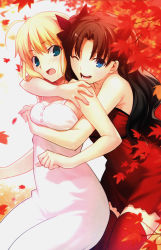 Rule 34 | 2girls, absurdres, ahoge, alternate costume, artoria pendragon (fate), bare shoulders, blonde hair, blue eyes, blush, breast rest, breasts, brown hair, dress, fate/stay night, fate (series), green eyes, highres, hug, hug from behind, leaf, maple leaf, multiple girls, one eye closed, open mouth, red dress, saber (fate), smile, takeuchi takashi, thighhighs, tohsaka rin, twintails, two side up, type-moon, white dress, wink, zettai ryouiki