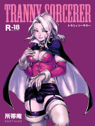 Rule 34 | aian, belt, blush, boots, breasts, bulge, cape, choker, cleavage, cover, english text, erection, erection under clothes, gloves, long hair, newhalf, penis, skirt, text focus, thigh boots, thighhighs