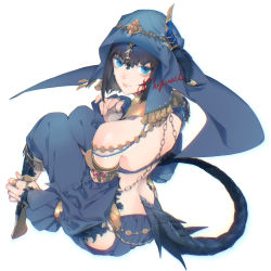 Rule 34 | 1girl, astrologian (final fantasy), au ra, warrior of light (ff14), bare shoulders, black hair, blue eyes, closed mouth, commission, dragon horns, dragon tail, final fantasy, final fantasy xiv, fingernails, highres, horns, jewelry, pink lips, ring, shiny skin, signature, simple background, sitting, smile, solo, tail, thumb ring, tobacco (tabakokobata), white background
