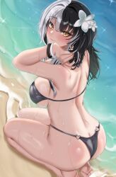 Rule 34 | 1girl, alternate costume, ass, barefoot, beach, bikini, black bikini, black hair, blush, bracelet, breasts, butt crack, commentary, english commentary, feet, flower, from behind, hair flower, hair ornament, heart o-ring, highres, hololive, hololive english, jewelry, large breasts, long hair, looking at viewer, looking back, multicolored hair, o-ring, o-ring bikini, sand, seiza, shiori novella, sitting, smile, soles, solo, swimsuit, two-tone hair, virtual youtuber, water, white hair, yellow eyes, yobi (ybpac18)