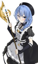 Rule 34 | 1girl, apron, bardiche (weapon), black dress, black headwear, blue eyes, blue hair, blush, braid, commentary, crinoline, dress, fingerless gloves, firehippo, frilled apron, frills, glasses, gloves, grey apron, hair between eyes, hair over shoulder, highres, holding, holding weapon, hololive, hoshimachi suisei, hoshimachi suisei (maid), looking at viewer, medium hair, official alternate costume, official alternate hairstyle, pocket watch, polearm, puffy short sleeves, puffy sleeves, see-through, see-through sleeves, short sleeves, single braid, sleeve cuffs, solo, star (symbol), star in eye, symbol-only commentary, symbol in eye, virtual youtuber, watch, weapon, wing collar, yellow-framed eyewear