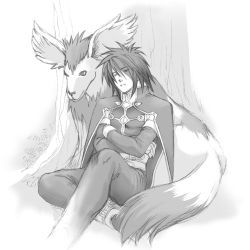 Rule 34 | 00s, 1boy, animal, artist request, belt, bodysuit, crossed arms, closed eyes, fingerless gloves, gloves, hair over one eye, kratos aurion, lowres, male focus, monochrome, noishe, short hair, sitting, sketch, sleeping, solo, spiked hair, tales of (series), tales of symphonia, tree