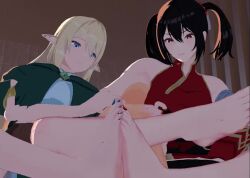 1boy 2girls 3d animated barefoot black_hair blonde_hair blue_eyes chinese_clothes elf feet focofortune footjob highres long_hair multiple_girls nipple_stimulation pointy_ears red_eyes smile tagme toes twintails video