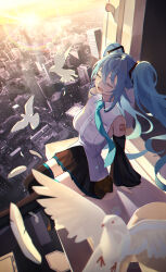 Rule 34 | 1girl, absurdres, aqua hair, aqua necktie, arm support, bare shoulders, bird, blue trim, boots, breasts, cityscape, closed eyes, collared shirt, commentary, detached sleeves, dove, feathers, hair between eyes, hair ornament, hatsune miku, highres, horizon, hyonee, lens flare, long hair, medium breasts, necktie, number tattoo, open mouth, open window, outdoors, pleated skirt, shirt, sitting, skirt, skyline, sleeveless, sleeveless shirt, solo, sun, sunlight, sunset, tattoo, thigh boots, thighhighs, twintails, vocaloid, white feathers, window, windowsill, zettai ryouiki