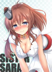 Rule 34 | 10s, 1girl, anchor choker, blue eyes, blush, breasts, brown hair, cleavage, closed mouth, commentary request, eyebrows, hair between eyes, kantai collection, large breasts, long hair, looking at viewer, name connection, out of frame, piyobomu, saratoga (kancolle), short sleeves, solo