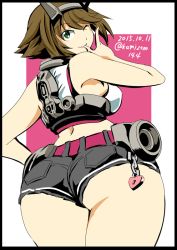 Rule 34 | 10s, 1girl, ass, back, bare shoulders, breasts, brown hair, from behind, green eyes, hairband, headband, headgear, heart, heart lock, huge ass, kamizono (spookyhouse), kantai collection, large breasts, legs, looking at viewer, looking back, machine, machinery, mecha, midriff, mutsu (kancolle), panties, parted lips, radio antenna, robot, short hair, short shorts, shorts, sideboob, smile, smirk, solo, thighs, turret, twitter username, underwear, uniform, upshorts