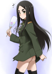 Rule 34 | 1girl, aiguillette, ass, black hair, blush, brown eyes, eyebrows, female focus, fusou empire princess, hand fan, hikimayu, long hair, looking at viewer, looking back, military, military uniform, no panties, solo, strike witches, strike witches zero, sweatdrop, thick eyebrows, thighhighs, uniform, world witches series, youkan