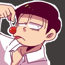 Rule 34 | 10s, 1boy, ankie, cherry, close-up, dress shirt, food, fruit, green background, highres, looking at viewer, male focus, matsuno choromatsu, open clothes, open shirt, osomatsu-kun, osomatsu-san, osomatsu (series), shirt, simple background, solo, tongue, tongue out