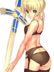 Rule 34 | 1girl, artoria pendragon (all), artoria pendragon (fate), ass, back, bad id, bad pixiv id, black bra, black panties, black thighhighs, blue eyes, bra, dodai shouji, excalibur (fate/stay night), fate/stay night, fate (series), garter belt, garter straps, lingerie, panties, saber (fate), simple background, sketch, solo, thighhighs, underwear, underwear only